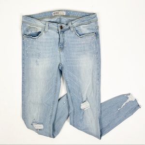 Zara‎ Pearl Embellished Distressed Light Wash Skinny Jeans 6